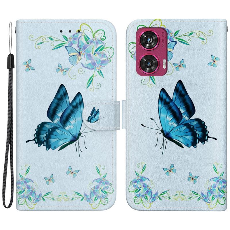 Etui Folio Do Motorola Edge 50 Fusion Niebieski Motyl I Kwiaty Z Paskiem