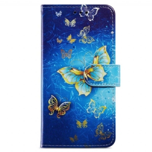 Etui Folio do iPhone 15 Plus z Łańcuch Motyle W Locie Z Paskiem