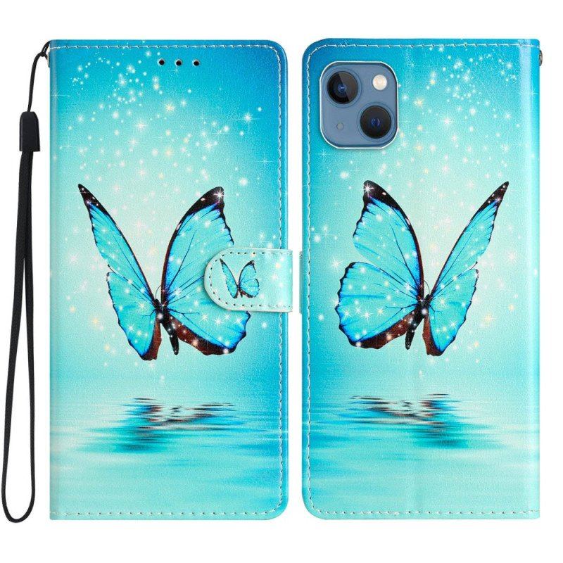 Etui Folio do iPhone 15 Plus z Łańcuch Motyle W Locie Z Paskiem