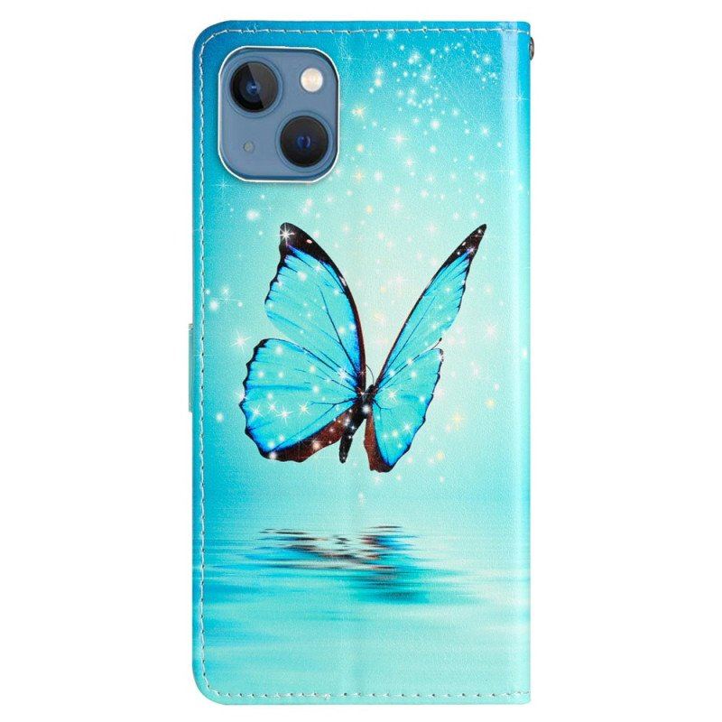 Etui Folio do iPhone 15 Plus z Łańcuch Motyle W Locie Z Paskiem