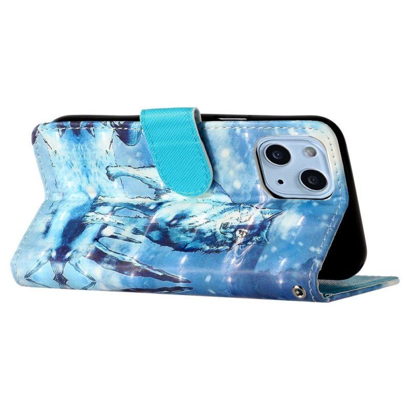 Etui Folio do iPhone 15 Plus z Łańcuch Wilk 3d Z Paskiem