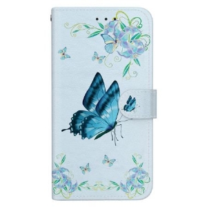 Etui Folio Samsung Galaxy S24 Ultra 5g Niebieski Motyl I Kwiat Z Paskiem Etui Ochronne