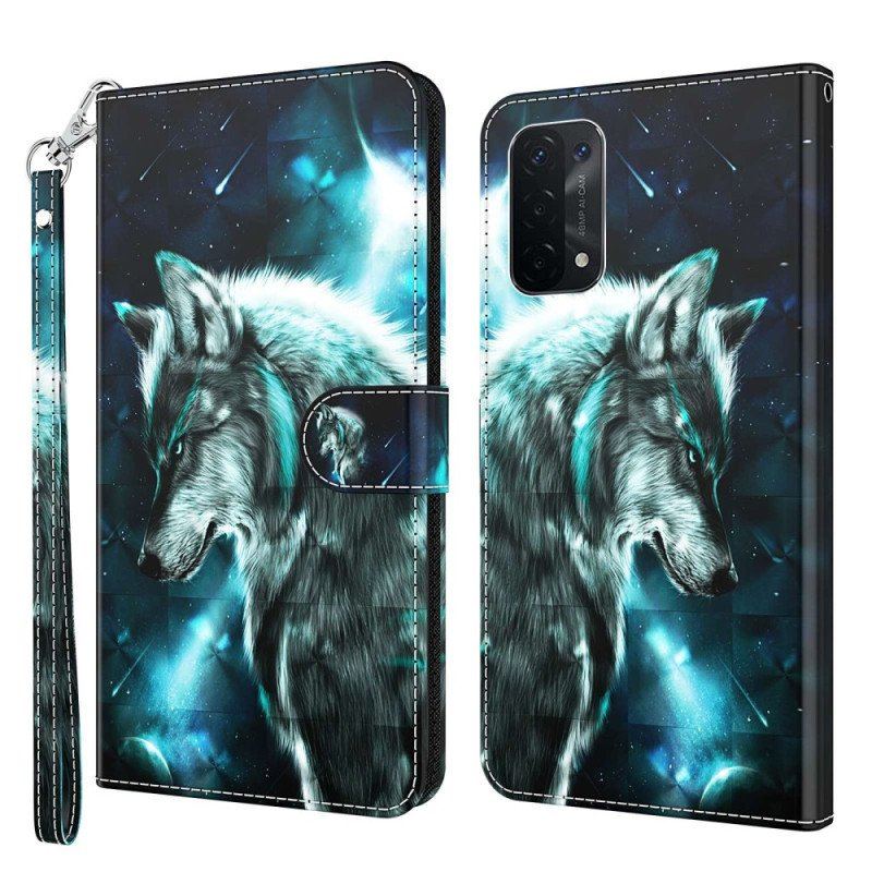 Etui Folio do Oppo A54 5G / A74 5G z Łańcuch Smycz Wilk