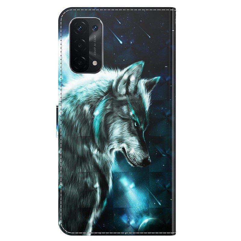 Etui Folio do Oppo A54 5G / A74 5G z Łańcuch Smycz Wilk