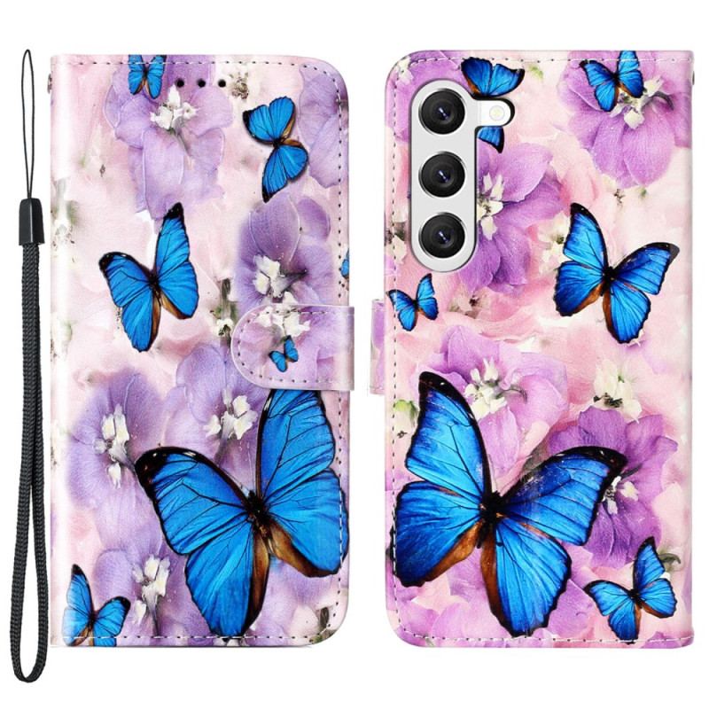 Etui Folio Samsung Galaxy S24 Plus 5g Niebieskie Motyle I Fioletowe Kwiaty Z Paskiem