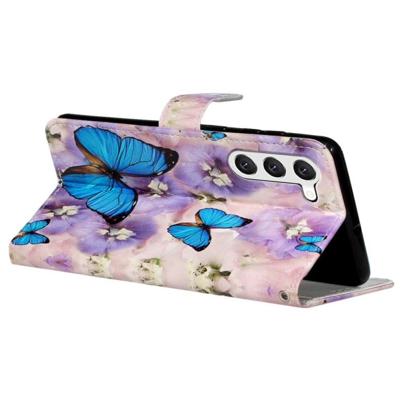 Etui Folio Samsung Galaxy S24 Plus 5g Niebieskie Motyle I Fioletowe Kwiaty Z Paskiem