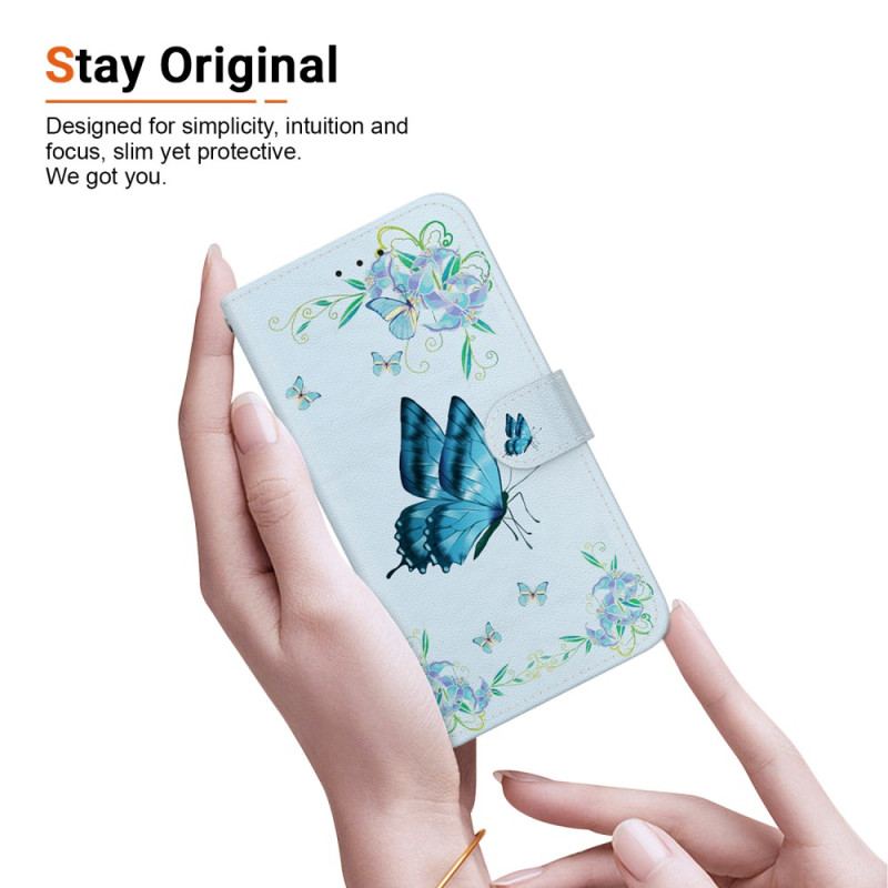 Etui Folio Do Xiaomi Redmi Note 13 Pro 4g Niebieski Motyl I Kwiaty Z Paskiem