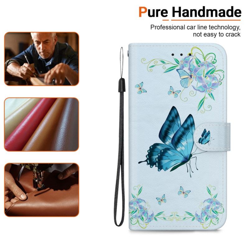 Etui Folio Do Xiaomi Redmi Note 13 Pro 4g Niebieski Motyl I Kwiaty Z Paskiem