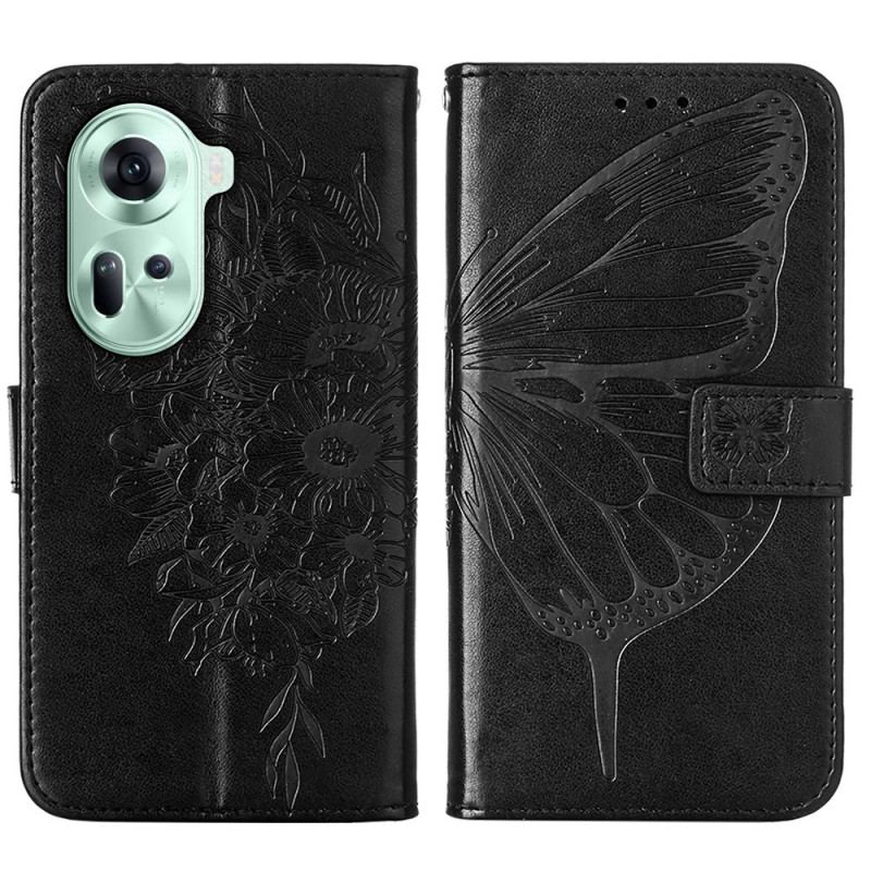 Etui Folio Oppo Reno 11 5g Kwiatowy Motyl Z Paskiem Etui Ochronne