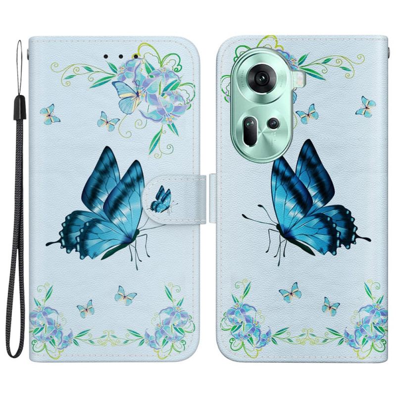 Etui Folio Oppo Reno 11 5g Niebieski Motyl I Kwiaty Z Paskiem