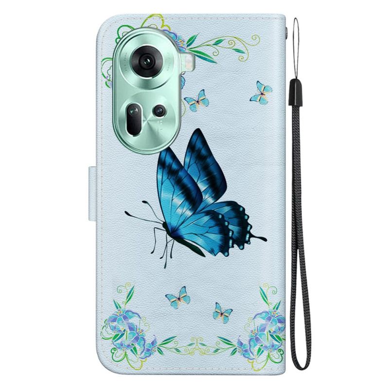 Etui Folio Oppo Reno 11 5g Niebieski Motyl I Kwiaty Z Paskiem