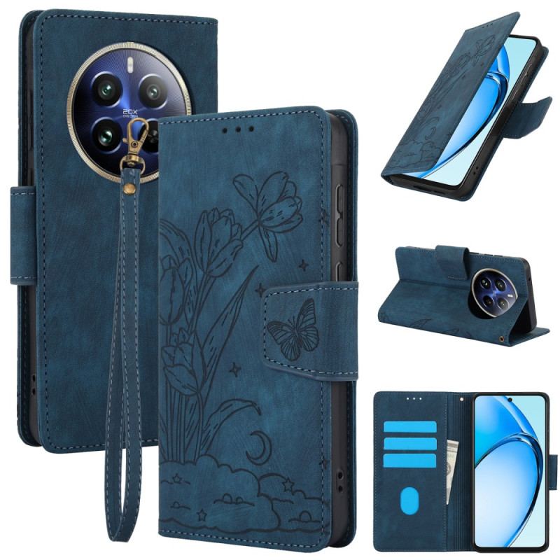 Etui Folio Realme 12 Pro / 12 Pro Plus Pasek Z Kwiatowym Nadrukiem Etui Ochronne