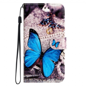 Etui Folio do Moto G73 5G z Łańcuch Cenny Niebieski Motyl Z Paskiem