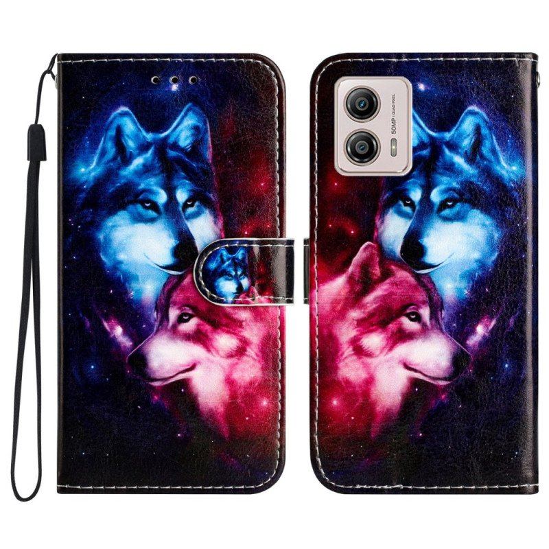 Etui Folio do Moto G73 5G z Łańcuch Dwa Wilki W Pasach