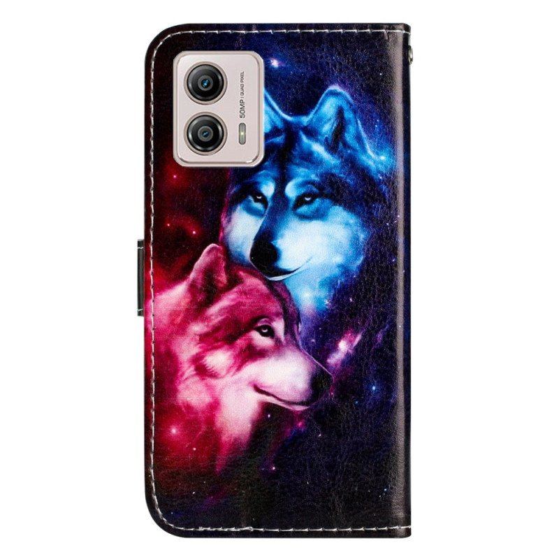 Etui Folio do Moto G73 5G z Łańcuch Dwa Wilki W Pasach