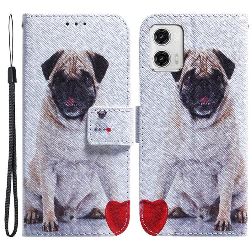 Etui Folio do Moto G73 5G z Łańcuch Mops Ze Smyczą