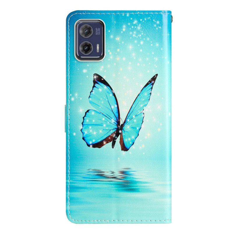 Etui Folio do Moto G73 5G z Łańcuch Niebieski Motyl Z Paskiem