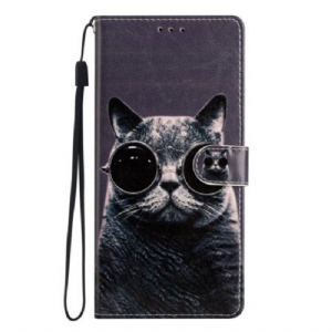 Etui Folio do Moto G73 5G z Łańcuch Okulary Z Paskami Cat