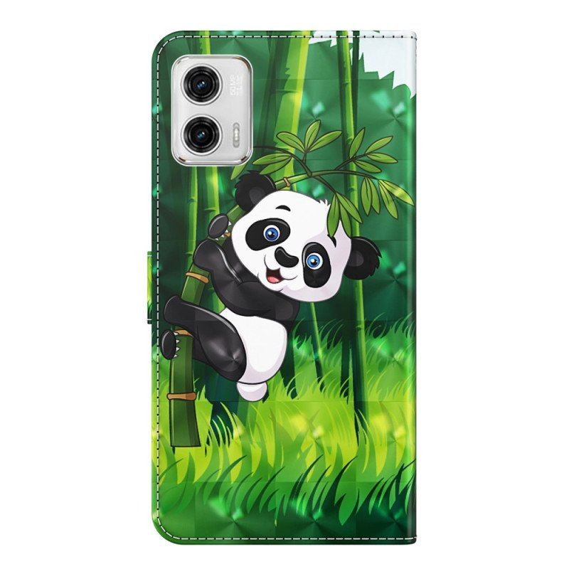 Skórzany Futerał do Moto G73 5G z Łańcuch Panda I Bambus Z Smyczą