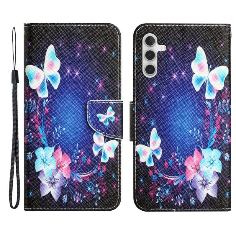 Etui Folio do Samsung Galaxy A54 5G z Łańcuch Bajkowe Motyle Ze Smyczą