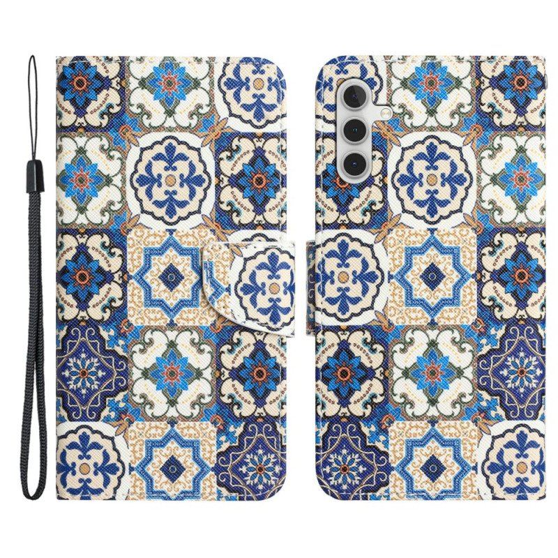 Skórzany Futerał do Samsung Galaxy A54 5G z Łańcuch Pasiasty Patchwork