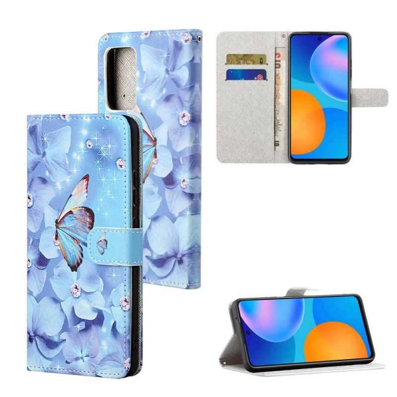 Etui Folio do Xiaomi Redmi Note 11 / 11S z Łańcuch Diamentowe Motyle Na Ramiączkach