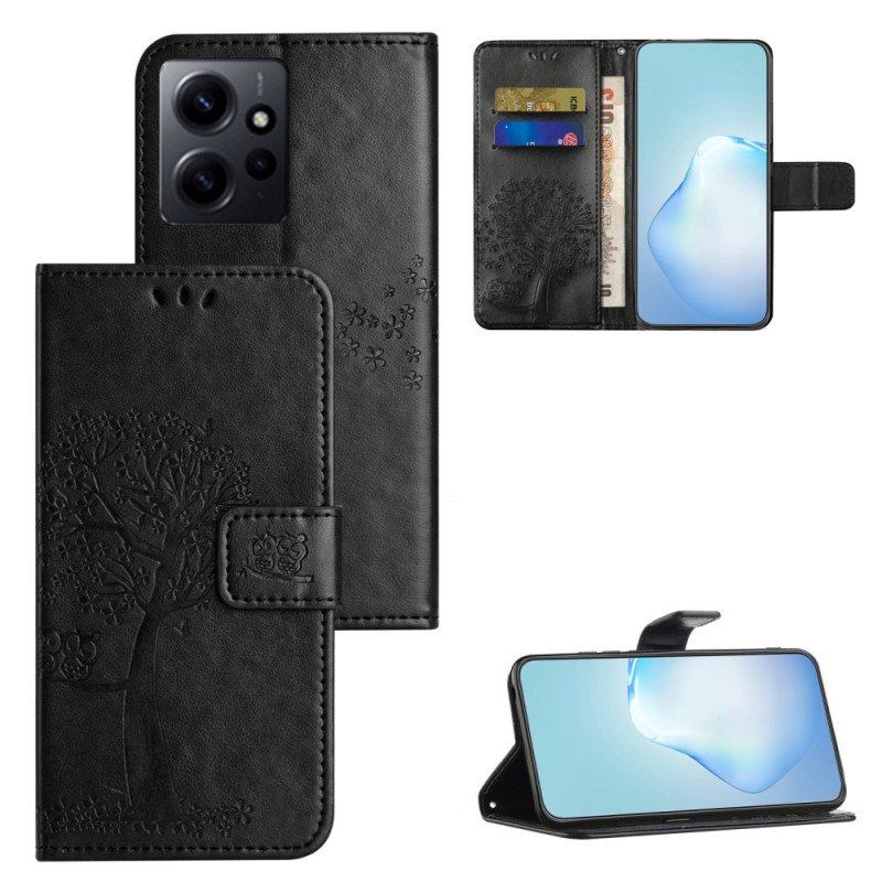 Etui Folio do Xiaomi Redmi Note 12 4G z Łańcuch Drzewo I Pasiasty Kot