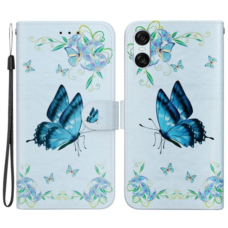 Etui Folio Sony Xperia 10 Vi Niebieski Motyl I Kwiaty Z Paskiem