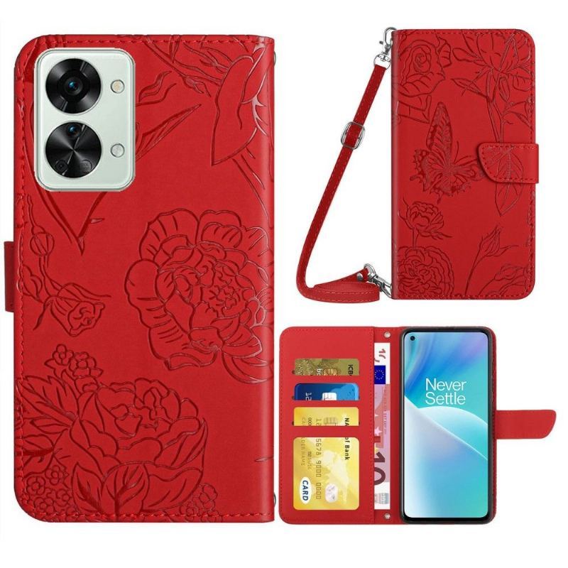 Etui Folio do OnePlus Nord 2T 5G Ilustracja Motyl I Kwiaty Pasek