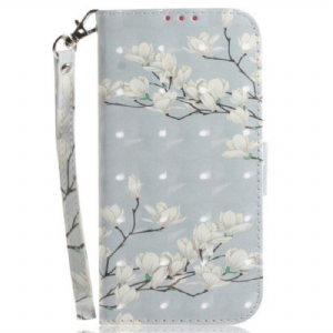 Etui Folio do OnePlus Nord 2T 5G z Łańcuch Kwiaty Magnolii W Paski