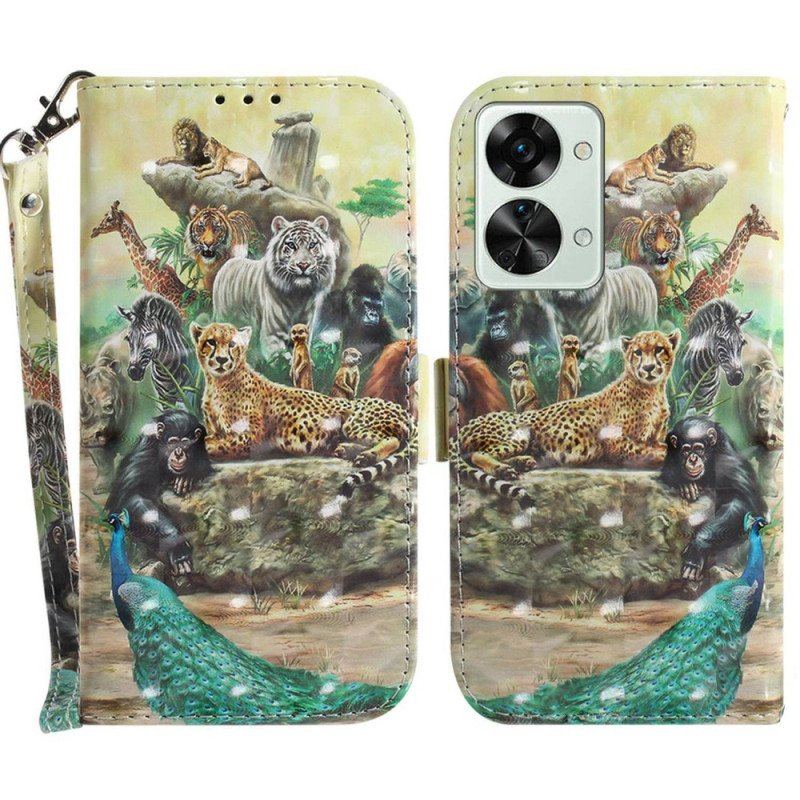 Etui Folio do OnePlus Nord 2T 5G z Łańcuch Stringi Safari Animals