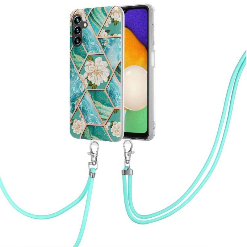 Etui do Samsung Galaxy A13 5G ze Sznurkiem Marmur I Białe Kwiaty