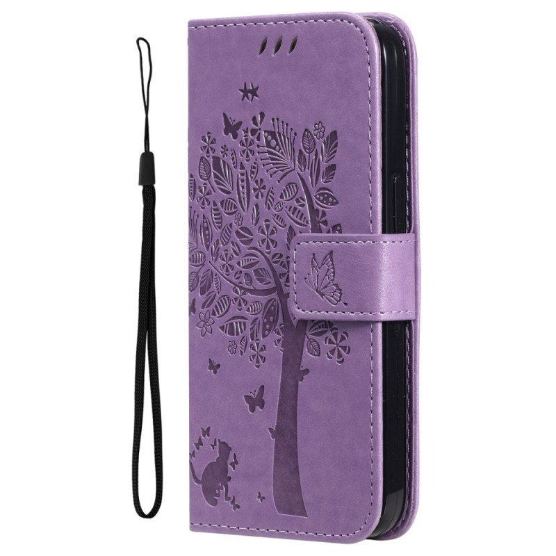 Etui Folio do Honor Magic 5 Lite z Łańcuch Drzewo I Pasiasty Kot