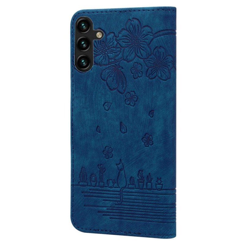 Etui Folio do Samsung Galaxy A14 / A14 5G z Łańcuch Kwiatowe Stringi Kot