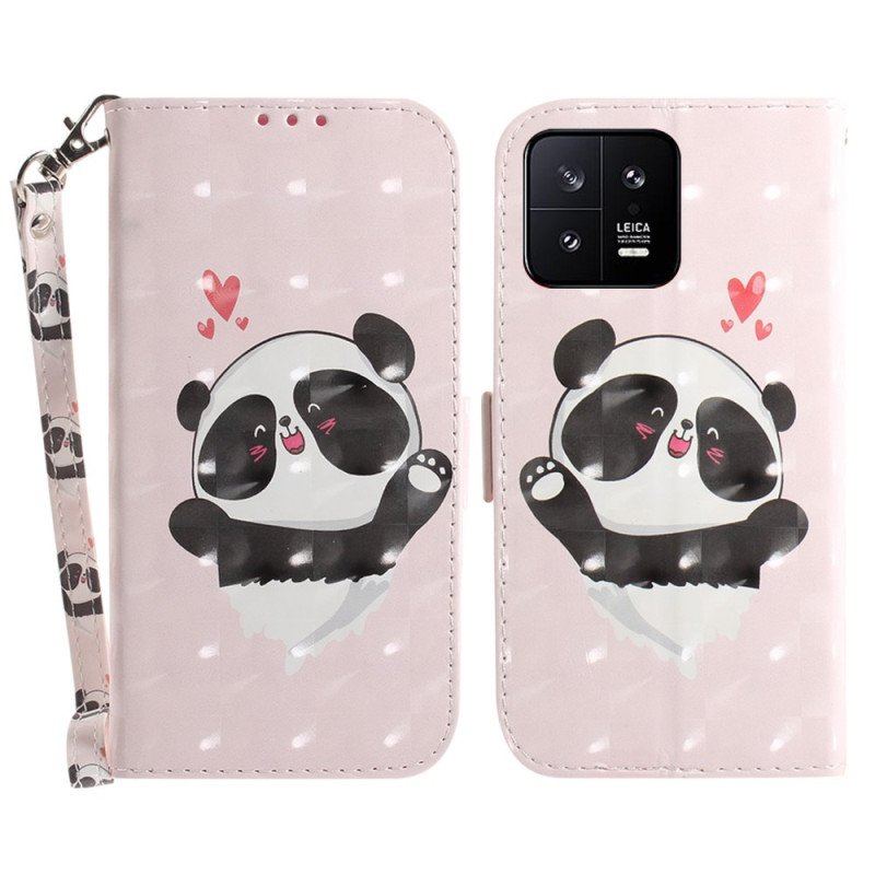 Skórzany Futerał do Xiaomi 13 z Łańcuch Panda Love Ze Smyczą