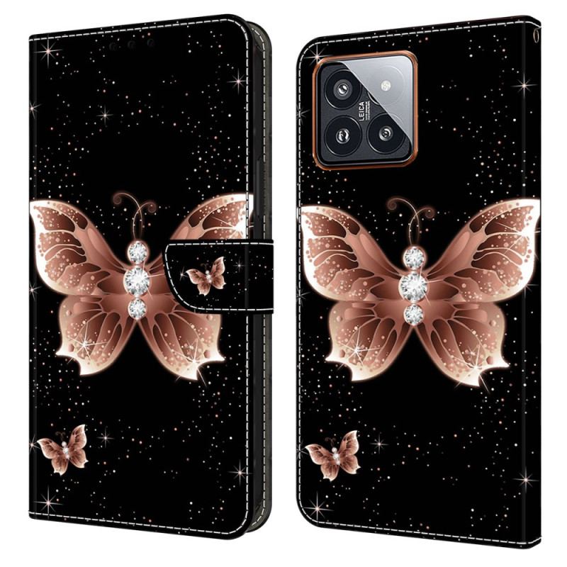 Etui Folio Xiaomi 14 Pro Różowy Diamentowy Motyl Etui Ochronne