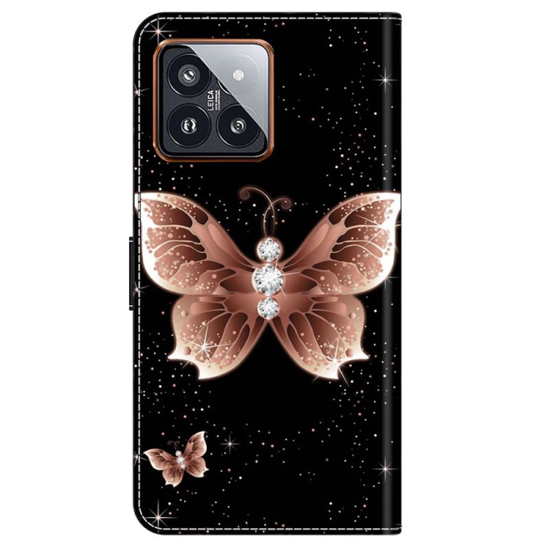 Etui Folio Xiaomi 14 Pro Różowy Diamentowy Motyl Etui Ochronne