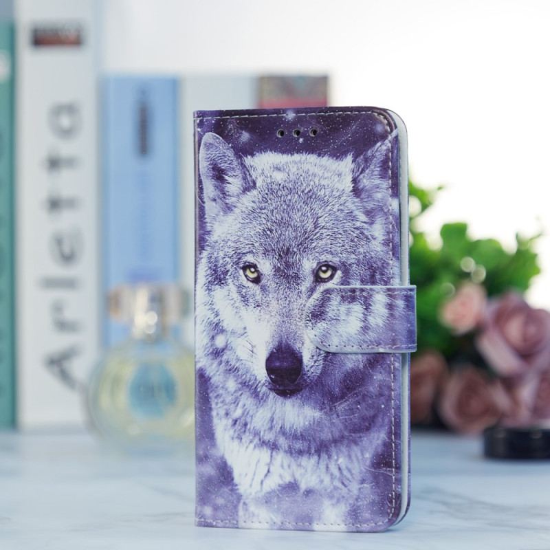 Etui Folio Do Poco C65 Biały Wilk Z Paskiem