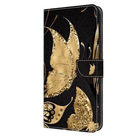 Etui Folio Poco C65 Złoty Motyl Na CZarnym Tle