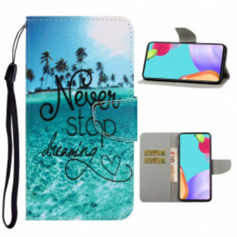 Etui Folio do Samsung Galaxy A52 4G / A52 5G / A52s 5G z Łańcuch Granatowy Pasek Na Ramiączkach Never Stop Dreaming