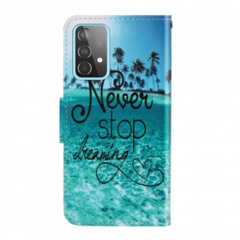 Etui Folio do Samsung Galaxy A52 4G / A52 5G / A52s 5G z Łańcuch Granatowy Pasek Na Ramiączkach Never Stop Dreaming