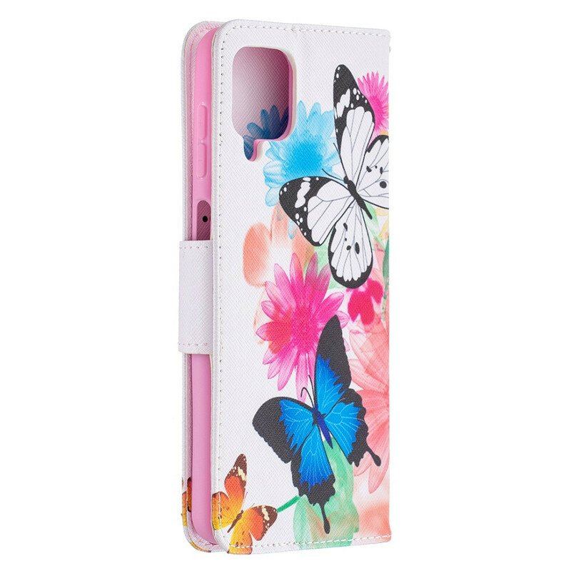 Etui Folio do Samsung Galaxy M12 / A12 Malowane Motyle I Kwiaty