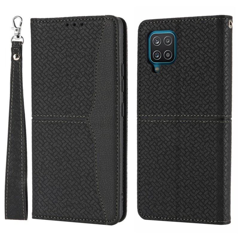 Etui Na Telefon do Samsung Galaxy M12 / A12 z Łańcuch Etui Folio Styl Tkanej Skóry Z Paskami