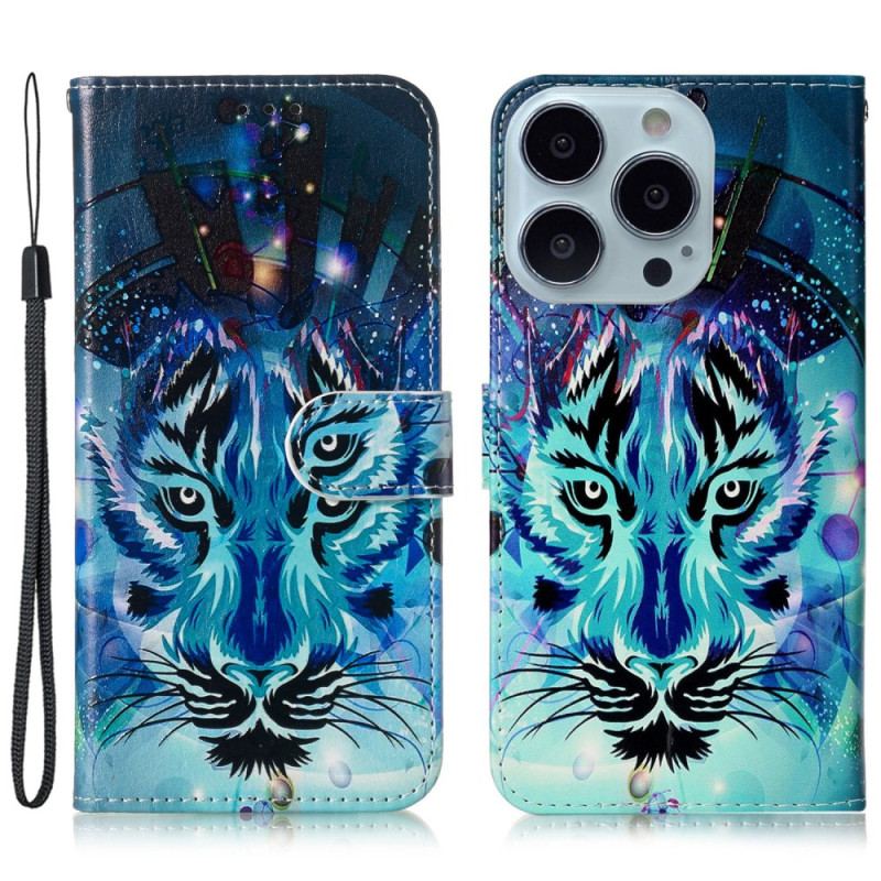 Etui Folio Do iPhone 16 Pro Max Kolorowy Wilk Z Paskiem