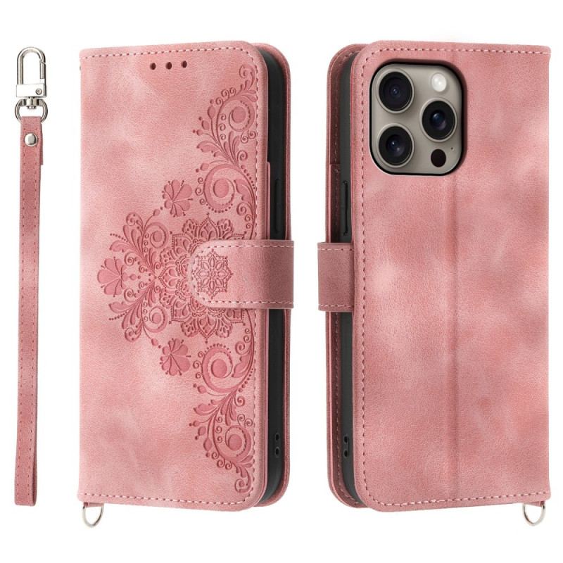 Etui Folio Do iPhone 16 Pro Max Sukienka W Kwiaty Z Paskiem I Paskiem Na Ramię