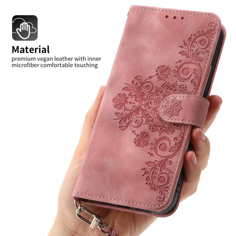 Etui Folio Do iPhone 16 Pro Max Sukienka W Kwiaty Z Paskiem I Paskiem Na Ramię