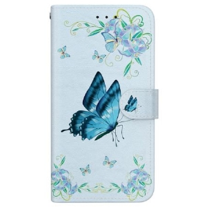 Etui Folio iPhone 16 Pro Max Niebieski Motyl I Kwiaty Z Paskiem Etui Ochronne