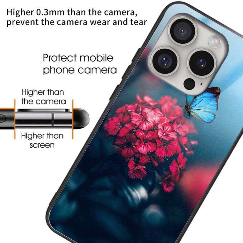 Etui iPhone 16 Pro Max Kwiaty Ze Szkła Hartowanego I Niebieski Motyl