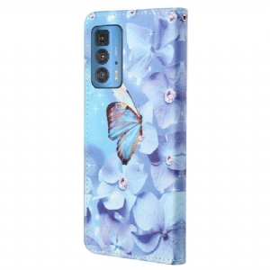 Etui Folio do Motorola Edge 20 Pro Motyl I Niebieskie Kwiaty