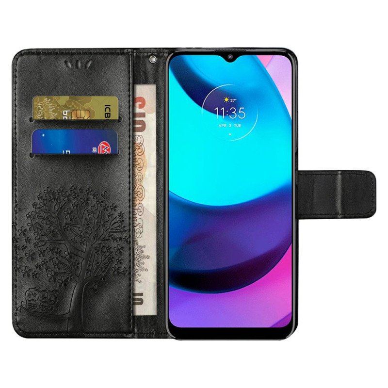 Etui Folio do Moto G71 5G z Łańcuch Drzewo Stringów I Sowy